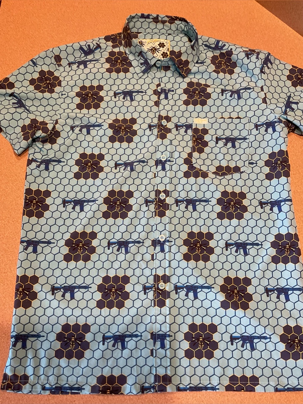 Retro Brand Blue Hex Pattern Short-Sleeve Button-Down Shirt